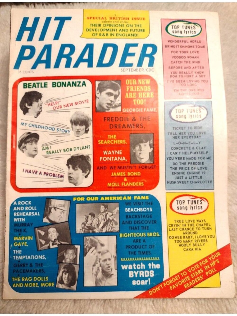 Hit Parader Magazine Sept 1965 Beatles Beach Boys Byrds James Bond Marvin Gaye